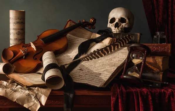 Notes, pen, violin, books, skull, still life, hourglass, the manuscript