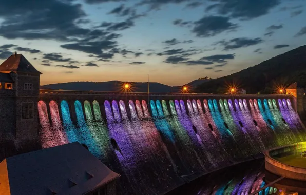 Night, lights, Germany, dam