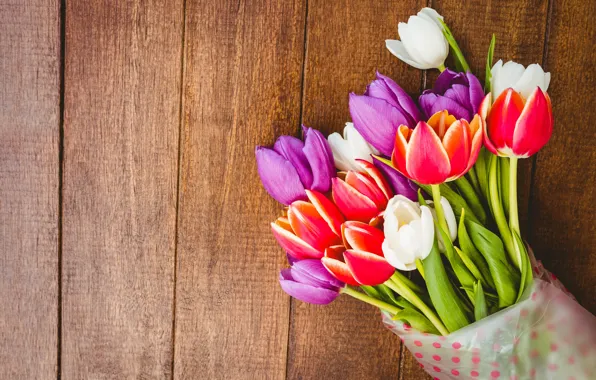 Picture flowers, bouquet, colorful, tulips, red, white, wood, flowers