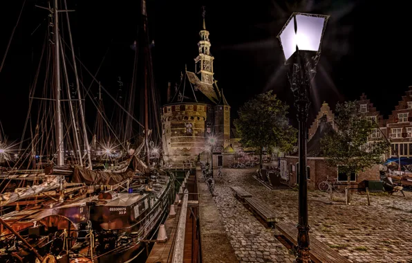 Night, lights, ship, Marina, Amsterdam, Netherlands, the old harbour