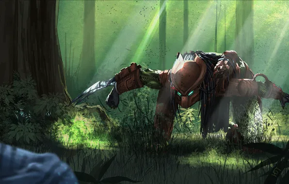 Picture forest, trees, weapons, stone, predator, jungle, art, predator