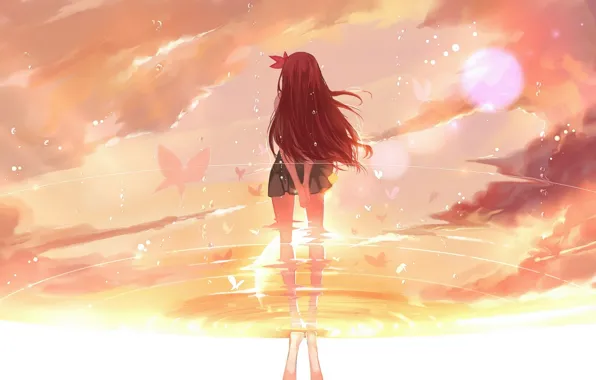 Water, girl, the sun, drops, butterfly, reflection, anime, art