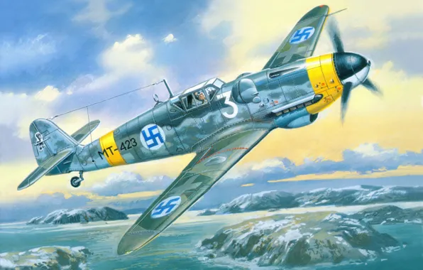 The sky, war, fighter, Art, Messerschmitt, German, piston, single-engine