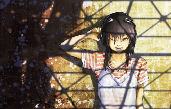 Picture girl, the sun, wall, headphones, art, loundraw