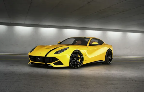 Picture yellow, lighting, Parking, ferrari, Ferrari, yellow, black stripe, F12 berlinetta