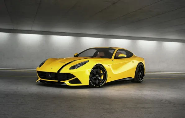 Yellow, lighting, Parking, Ferrari, Ferrari, yellow, black stripe, F12 berlinetta