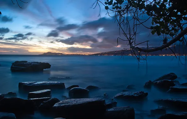 Sea, the sky, clouds, trees, sunset, mountains, the city, lights
