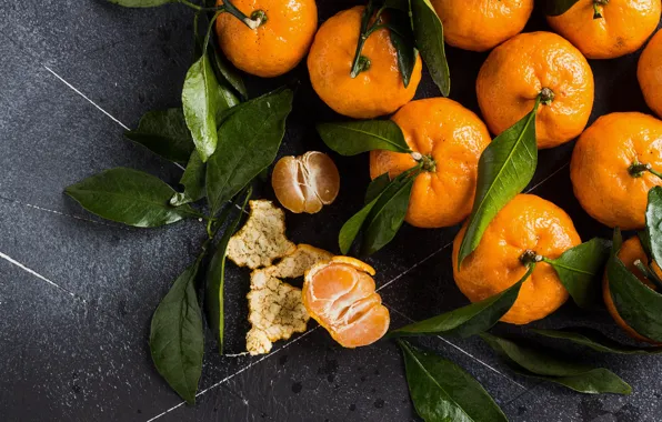 Leaves, strip, scratches, grey background, slices, peel, tangerines