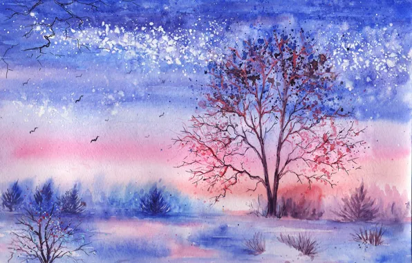 Winter, grass, trees, birds, lake, watercolor, the bushes, painted landscape