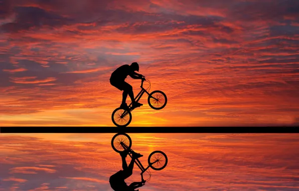 Clouds, sunset, reflection, cyclist