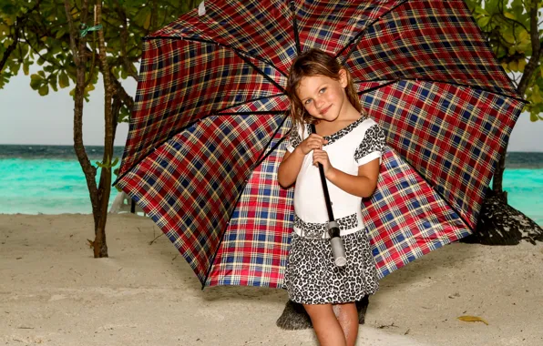 Beach, umbrella, girl, Manfred Sket, rainy day in paradise