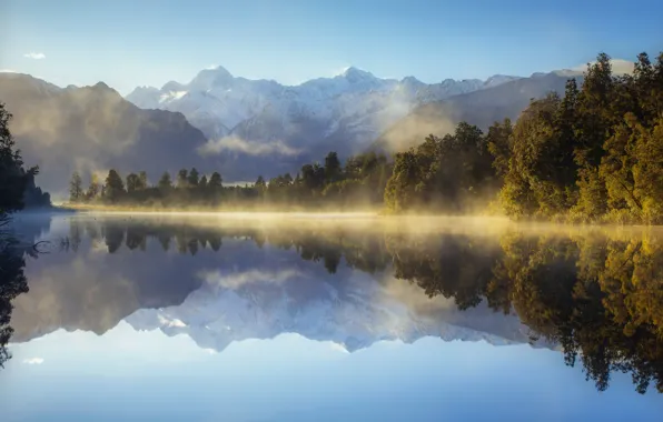 Forest, landscape, mountains, nature, fog, lake, reflection, morning