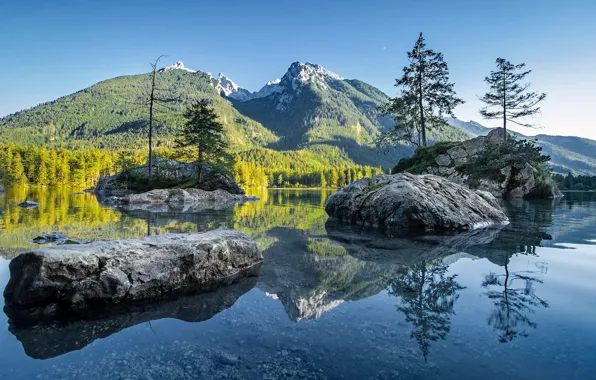 Reflection, Mountains, Lake, Boulders