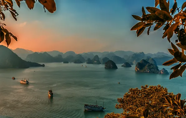 Sea, sunset, rocks, ships, Bay, Vietnam, Halong
