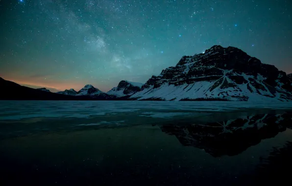 Picture winter, the sky, stars, mountains, night, Milky Way, Thawing Bow Lake