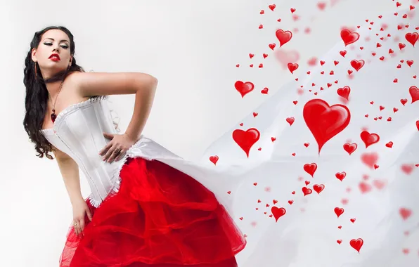 Picture white, girl, red, bright, emotions, heart, feelings, widescreen Wallpaper