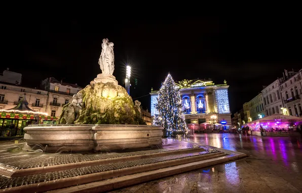 Night, lights, holiday, France, tree, Christmas, fountain, Montpellier