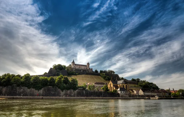Landscape, river, castle, Germany, Bayern, hill, Würzburg