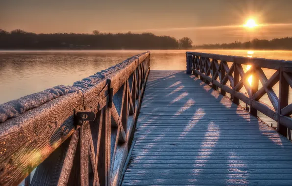 Winter, bridge, lake, morning