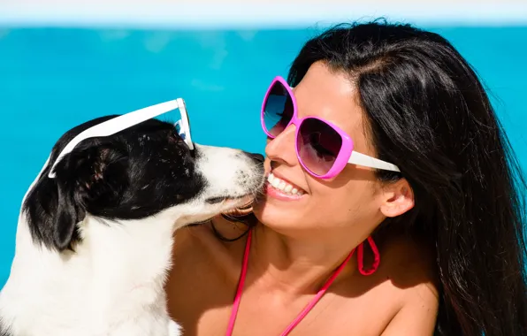 Picture sea, swimsuit, the sky, the sun, smile, background, dog, makeup