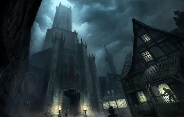 Night, castle, tower, guards, Gate to the inner city