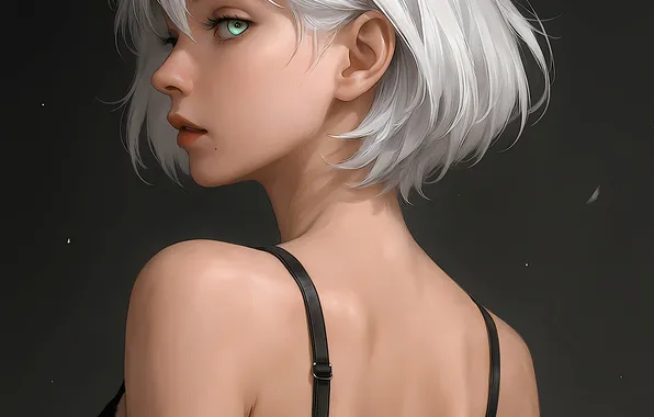 Picture Girl, green eyes, dress, short hair, digital art, artwork, black dress, white hair