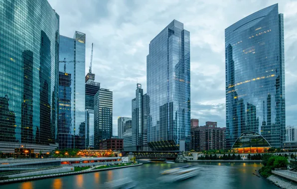 The sky, the city, lights, building, skyscrapers, Chicago, USA, pond