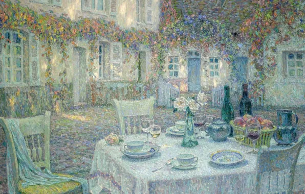 Picture house, table, picture, yard, serving, Breakfast, Henry Le Sedane Products, Henri Le Sidane
