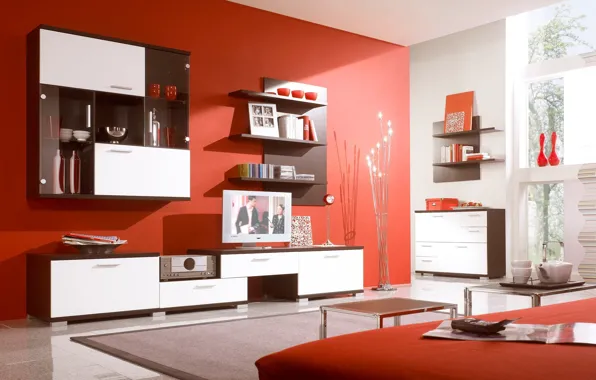 Picture red, bright, design, style, room, interior, apartment, shelves