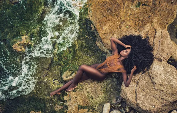 Sea, swimsuit, pose, stones, model, makeup, figure, brunette