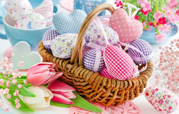 Flowers, basket, spring, Easter, hearts, tulips, happy, heart
