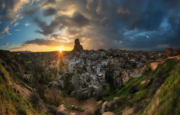 The sun, clouds, rays, sunset, view, home, panorama, Turkey