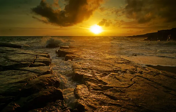Sea, wave, sunset, stones