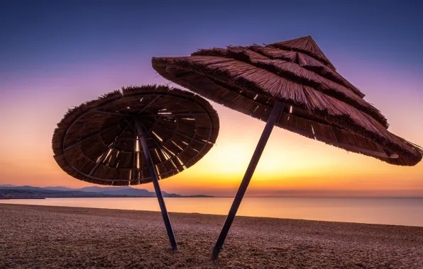 Sea, beach, sunset, shore, umbrellas