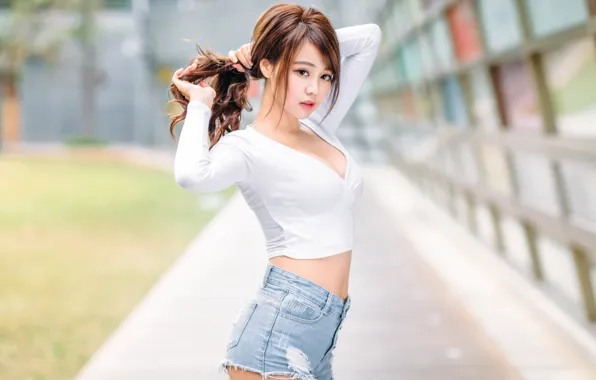 Asian, blurred background, asian, cute girl, cute girl, denim shorts, denim shorts, blurred background