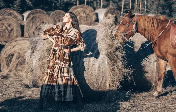 Girl, pose, style, horse, horse, hay, Anton Kharisov, Maria Bashmakov