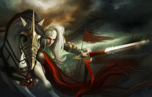 Picture girl, movement, horse, sword, fantasy, art, Kelly Perry