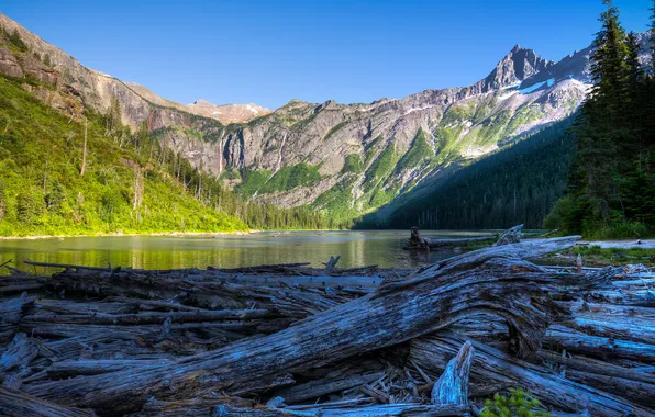 Forest, the sky, trees, mountains, lake, USA, glacier national park, montana