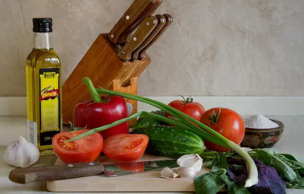 Picture greens, oil, bow, pepper, knives, vegetables, tomatoes, cucumbers