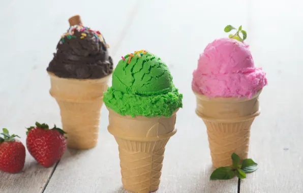 Picture chocolate, strawberry, ice cream, mint, dessert, sweet, vanilla, waffle cone