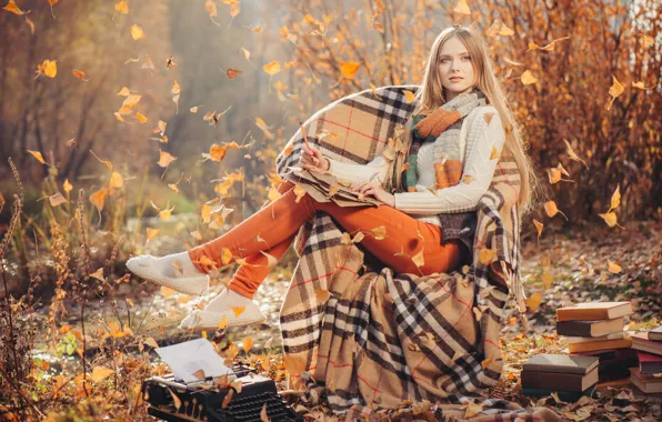 Picture autumn, girl, nature, books, chair, plaid, machine, falling leaves