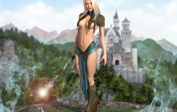 Mountains, castle, magic, Girl, rod, sorceress