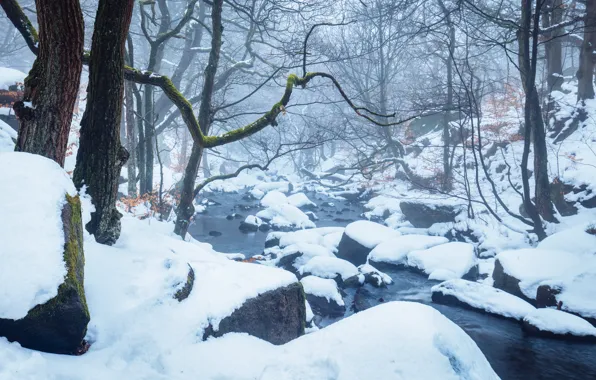 Picture winter, snow, stream, England, haze, Peak District