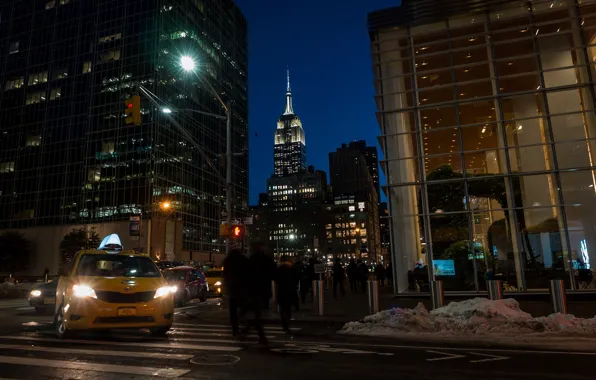 Road, snow, machine, night, the city, people, Windows, turn