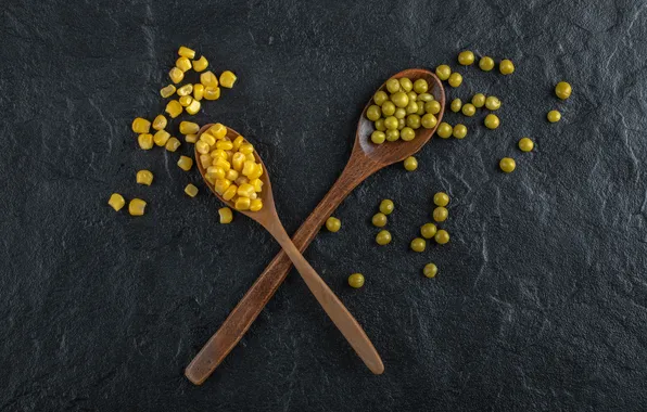 Table, corn, peas, green peas, green peas, young green peas