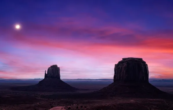 The sky, the sun, clouds, sunset, mountains, rocks, the moon, desert