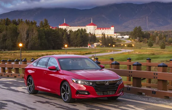 Picture red, the fence, Honda, Accord, sedan, 2018, four-door, 2.0T Sport