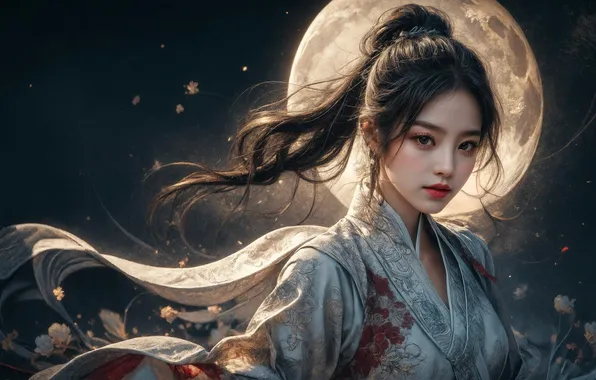 Look, girl, night, the moon, fantasy, kimono, Asian, the full moon