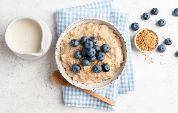 Berries, table, towel, Breakfast, seeds, milk, blueberries, spoon