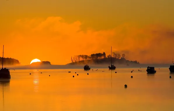Sunset, boat, Canada, Bay, harbour, Mahone Bay